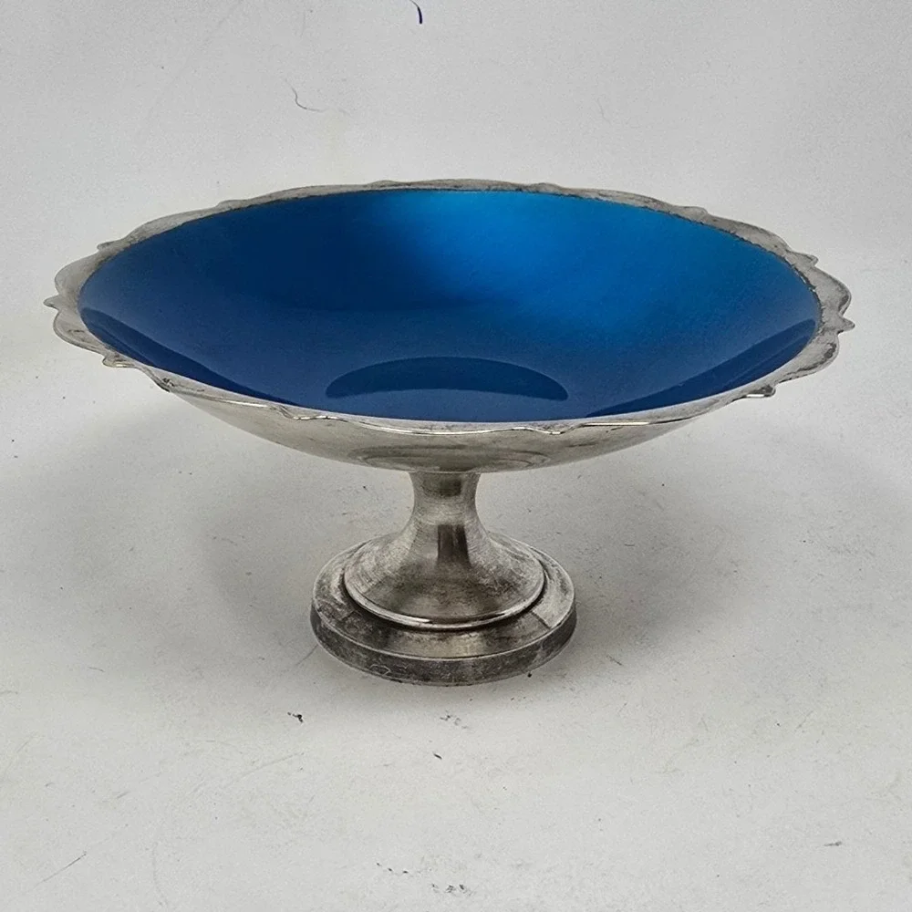 Vtg Wm. A. Rogers mid century silver plate blue enamel compote candy dish bowl